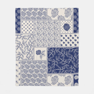 Indigo Blue Beige Floral Patchwork Fleece Blanket