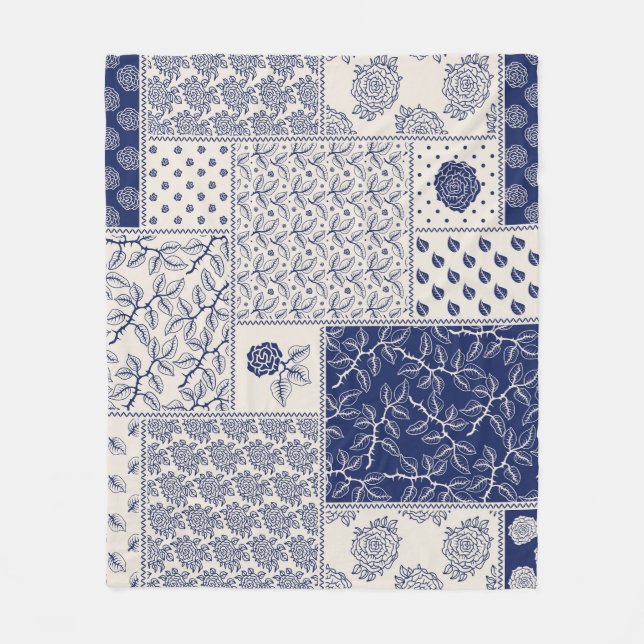 Indigo Blue Beige Floral Patchwork Fleece Blanket (Front)
