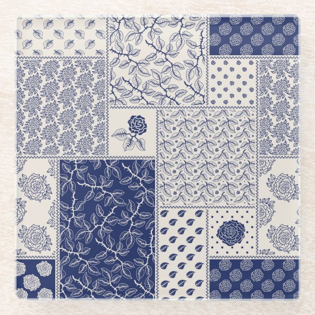 Indigo Blue Beige Floral Patchwork Glass Coaster (Front)