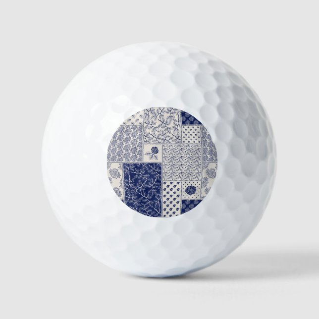 Indigo Blue Beige Floral Patchwork Golf Balls (Front)