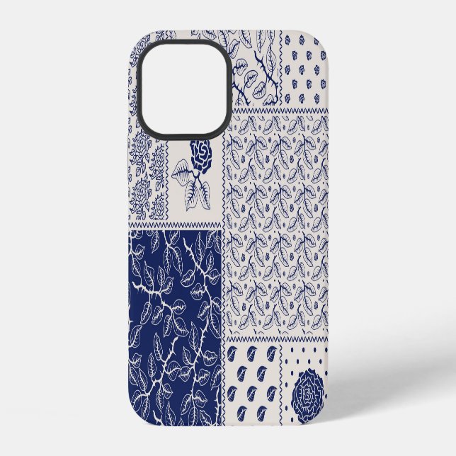 Indigo Blue Beige Floral Patchwork iPhone Case (Back)