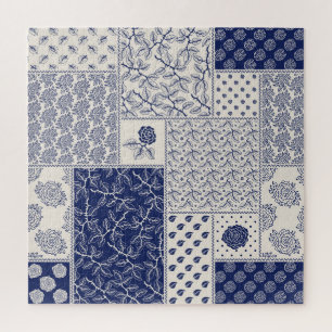 Indigo Blue Beige Floral Patchwork Jigsaw Puzzle