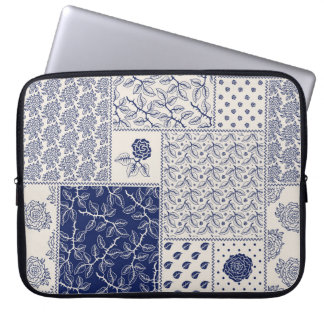 Indigo Blue Beige Floral Patchwork Laptop Sleeve