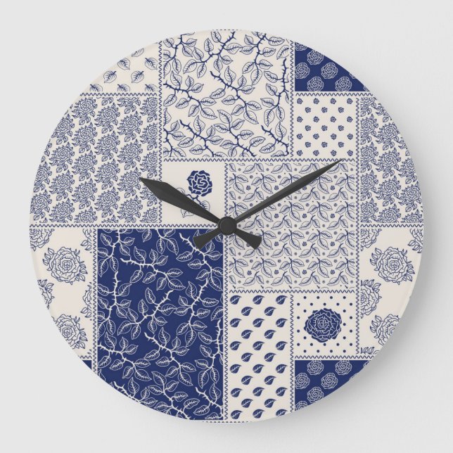 Indigo Blue Beige Floral Patchwork Large Clock (Front)