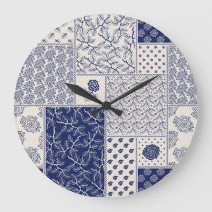 Indigo Blue Beige Floral Patchwork Large Clock