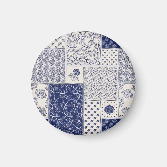 Indigo Blue Beige Floral Patchwork Magnet (Front)