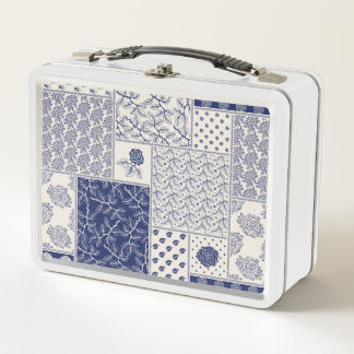 Indigo Blue Beige Floral Patchwork Metal Lunch Box