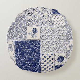 Indigo Blue Beige Floral Patchwork Round Cushion
