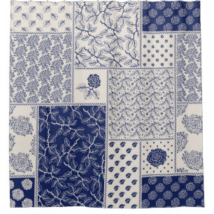 Indigo Blue Beige Floral Patchwork Shower Curtain