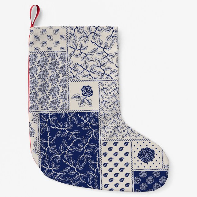 Indigo Blue Beige Floral Patchwork Small Christmas Stocking (Front)