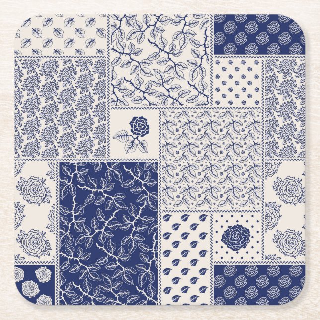 Indigo Blue Beige Floral Patchwork Square Paper Coaster (Front)