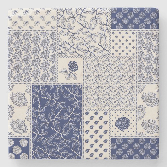 Indigo Blue Beige Floral Patchwork Stone Coaster (Front)