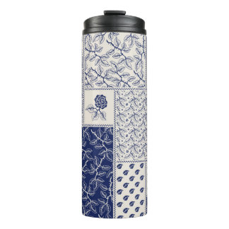 Indigo Blue Beige Floral Patchwork Thermal Tumbler