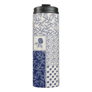 Indigo Blue Beige Floral Patchwork Thermal Tumbler