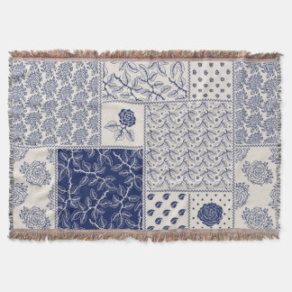 Indigo Blue Beige Floral Patchwork Throw Blanket