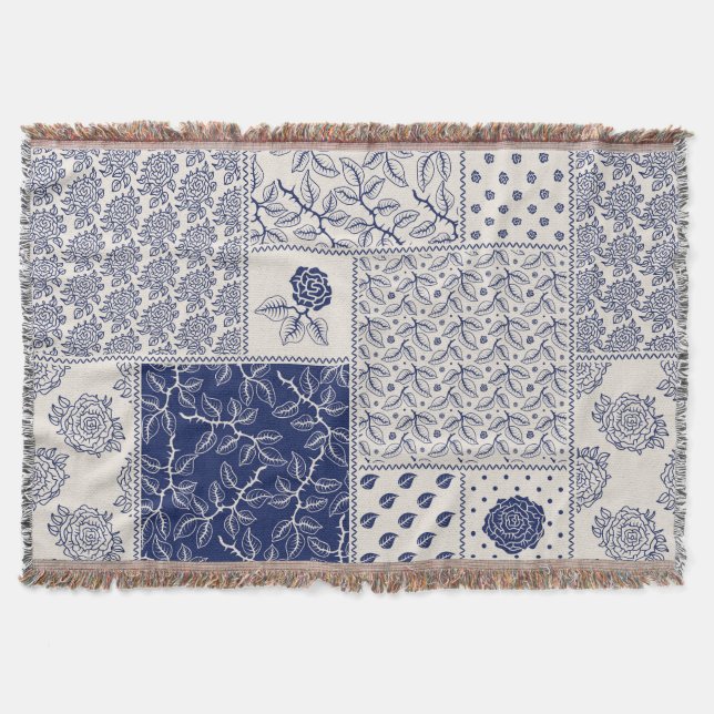 Indigo Blue Beige Floral Patchwork Throw Blanket (Front)