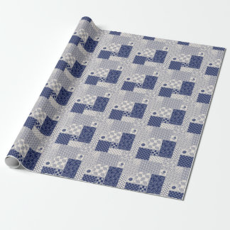 Indigo Blue Beige Floral Patchwork Wrapping Paper