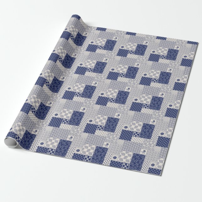 Indigo Blue Beige Floral Patchwork Wrapping Paper (Unrolled)