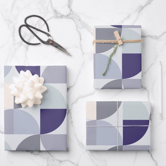 Indigo Blue Beige Grey Mid Century Modern  Wrapping Paper Sheet (Front)