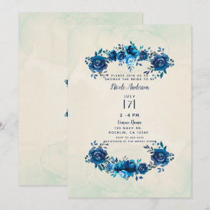 Indigo Blue Beige Watercolor Flowers Bridal Shower Invitation
