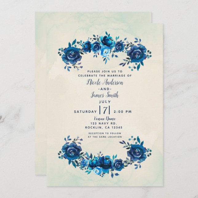 Indigo Blue & Beige Watercolor Flowers Wedding Invitation (Front/Back)