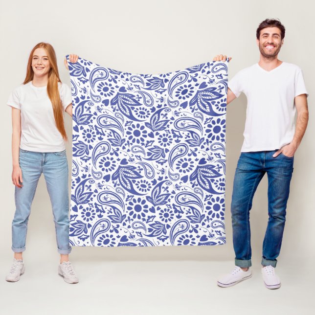 Indigo Blue Boho Chic Paisley Pattern on White Fleece Blanket (In Situ)
