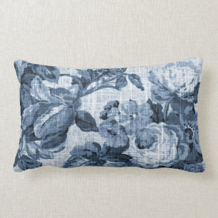Indigo Blue Botanical Floral Toile Fabric No.5 Lumbar Cushion