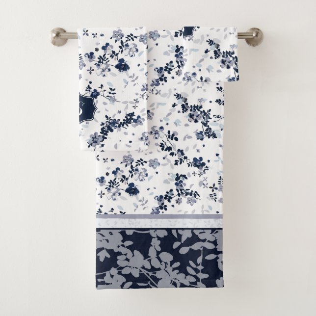Indigo Blue Clematis Floral design personalised Bath Towel Set (Insitu)