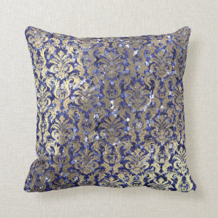 Indigo Blue Cobalt Damask Sequin Champaigne Gold Cushion