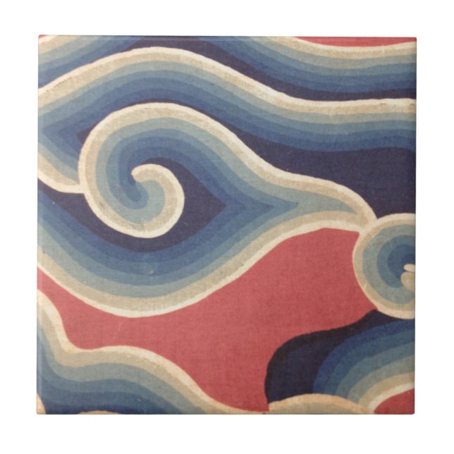 Indigo Blue Coral Japanese Wave Ceramic Tile (Front)