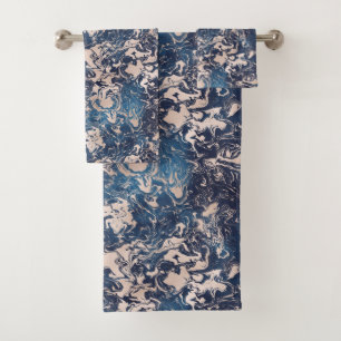 Indigo Blue Cream Marble Pattern Design Bath Towel Set