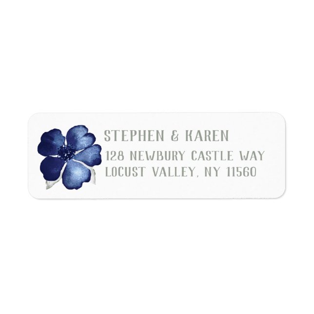 Indigo Blue Elegant Flower Return Address Label (Front)