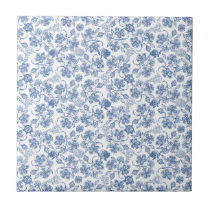 Indigo Blue Ethnic Floral Print Ceramic Tile