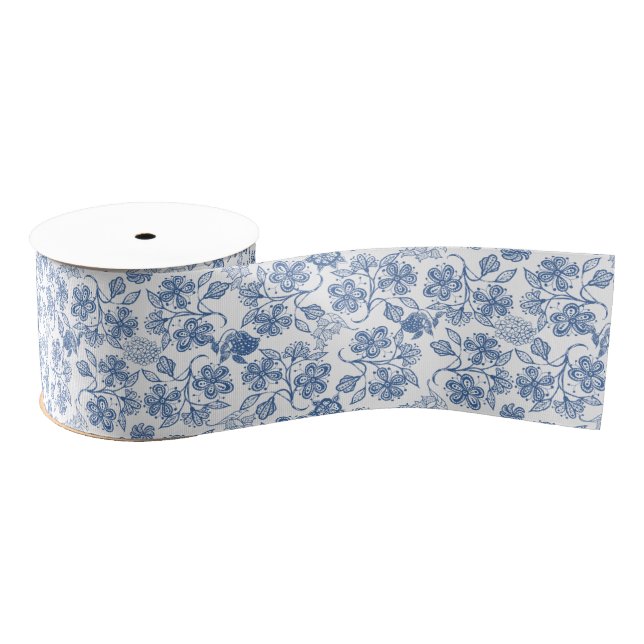 Indigo Blue Ethnic Floral Print Grosgrain Ribbon (Spool)
