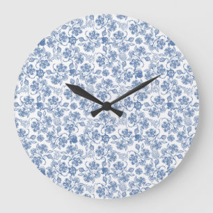 Indigo Blue Ethnic Floral Print Round Wall Clock