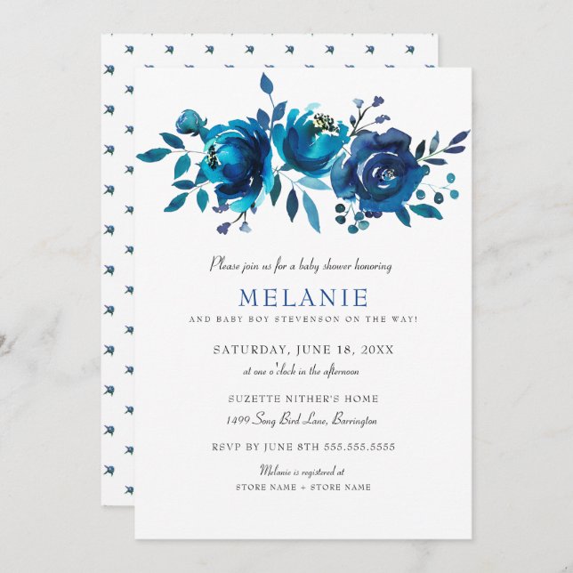 Indigo Blue Floral Baby Shower Invitation (Front/Back)