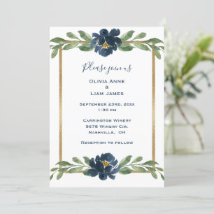 Indigo Blue Floral Elegant Gold Wedding Invitation