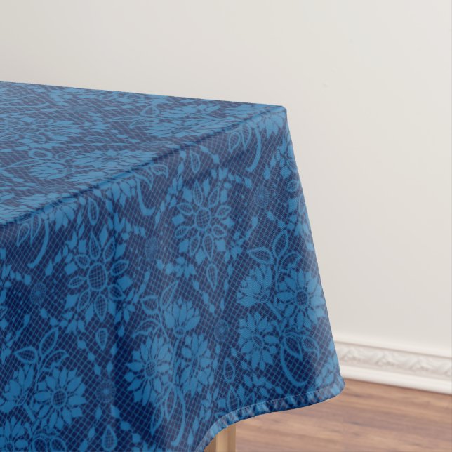 Indigo Blue Floral Faux Lace Pattern Tablecloth (In Situ)