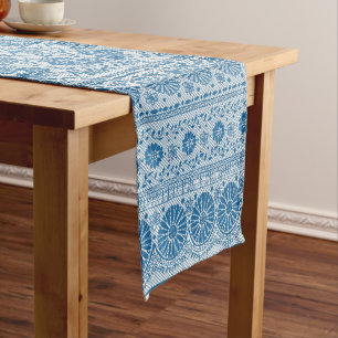 Indigo Blue Floral Faux Lace Pattern to Customise Short Table Runner