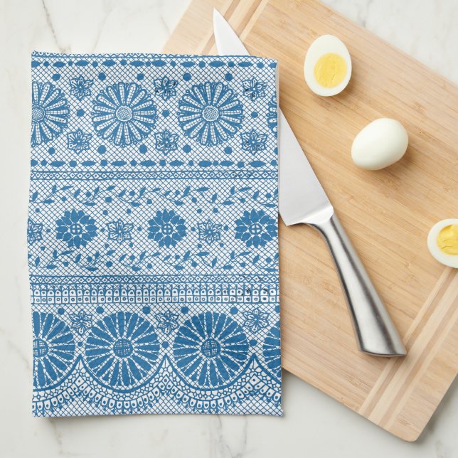 Indigo Blue Floral Faux Lace Pattern to Customise Tea Towel (Quarter Fold)