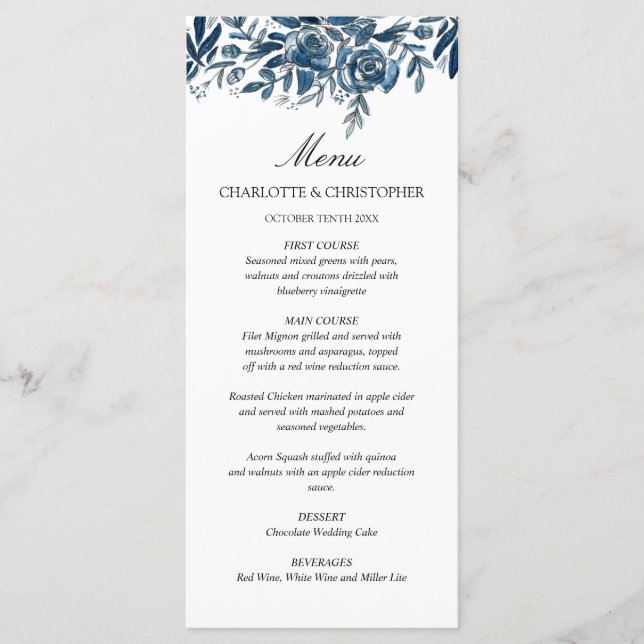 Indigo blue floral menu (Front)