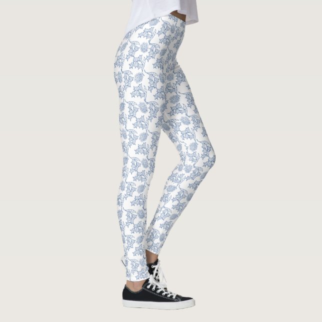 Indigo Blue Floral Pattern on White to Customise Leggings (Right)