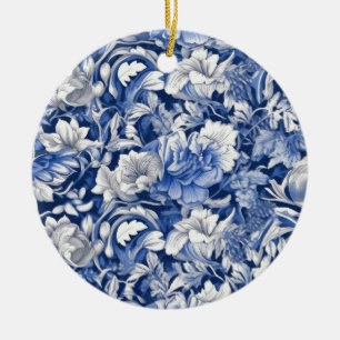 Indigo Blue Flowers Ceramic Ornament