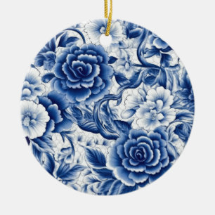 Indigo Blue Flowers Ceramic Ornament