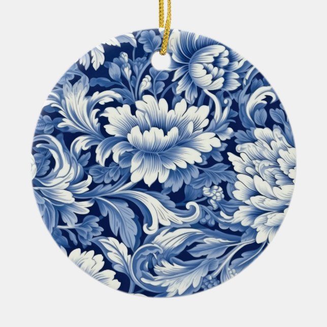 Indigo Blue Flowers Ceramic Ornament (Front)