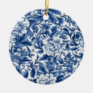 Indigo Blue Flowers Ceramic Ornament
