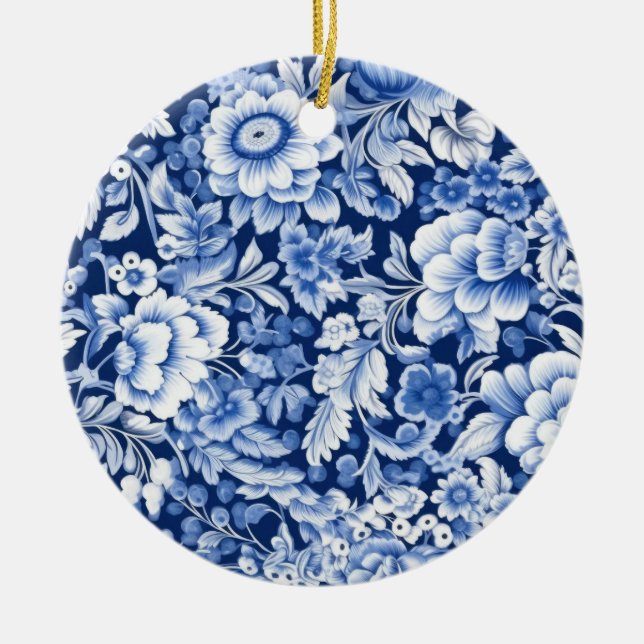 Indigo Blue Flowers Ceramic Ornament (Front)