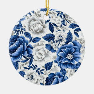 Indigo Blue Flowers Ceramic Ornament