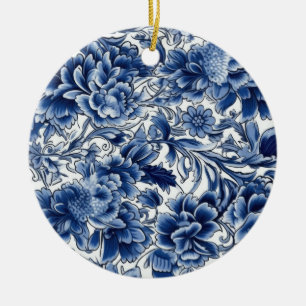Indigo Blue Flowers Ceramic Ornament