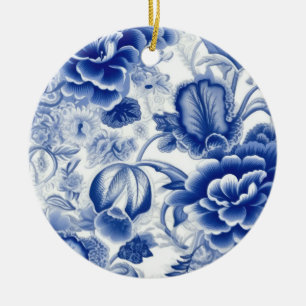 Indigo Blue Flowers Ceramic Ornament